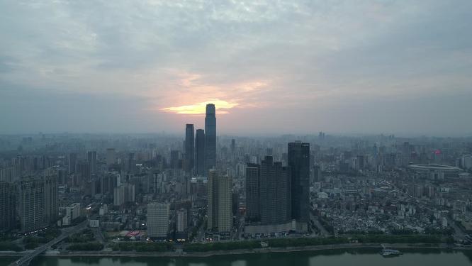 湖南长沙城市日出彩霞航拍