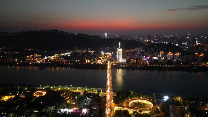 湖南长沙湘江橘子洲大桥夜景航拍