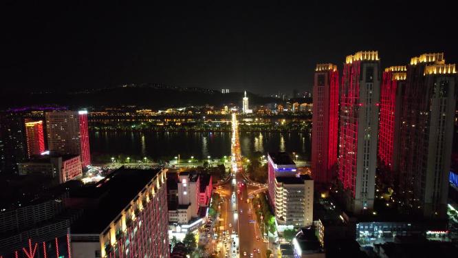 湖南长沙湘江橘子洲大桥夜景航拍
