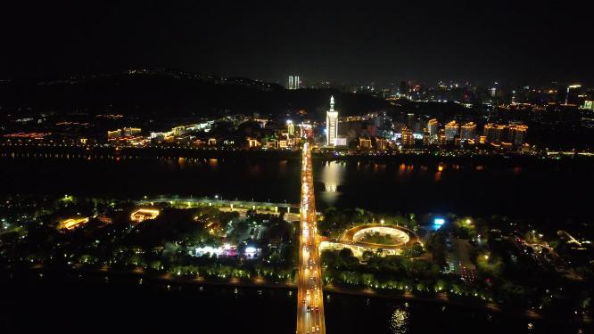 湖南长沙湘江橘子洲大桥夜景航拍
