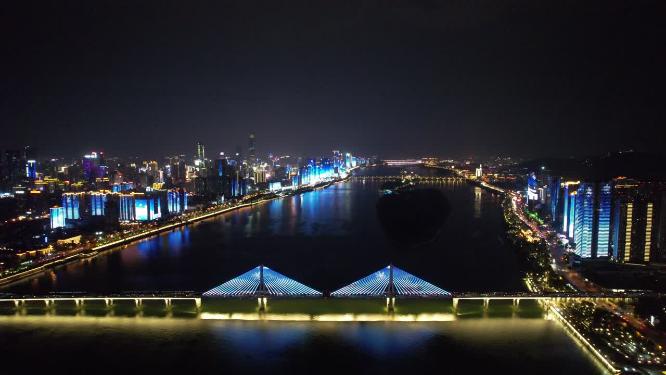 湖南长沙银盆岭大桥夜景灯光航拍
