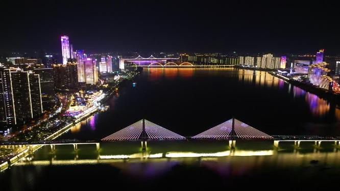 湖南长沙银盆岭大桥夜景灯光航拍