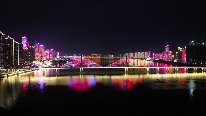 湖南长沙银盆岭大桥夜景灯光航拍