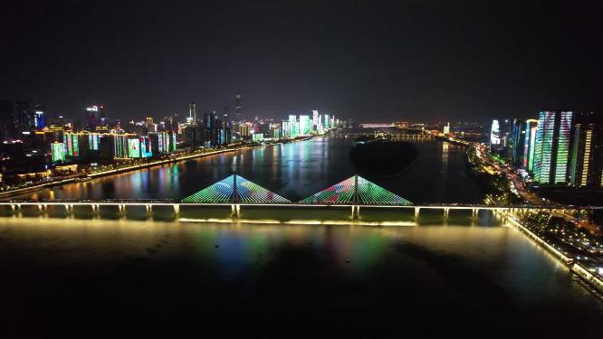 湖南长沙银盆岭大桥夜景灯光航拍