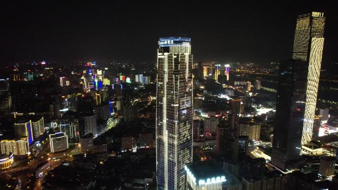 湖南长沙国金中心世贸大厦夜景航拍