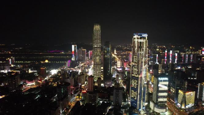 湖南长沙国金中心世贸大厦夜景航拍