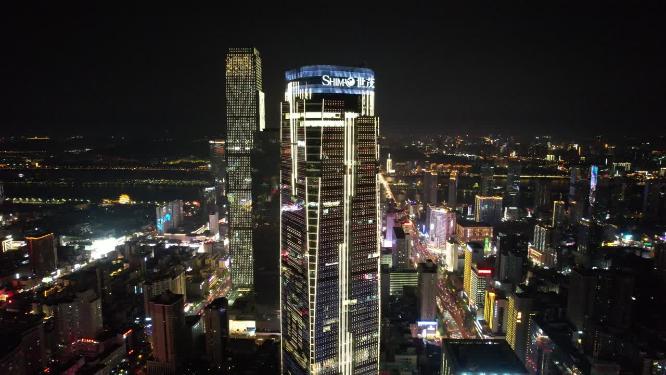 湖南长沙国金中心世贸大厦夜景航拍