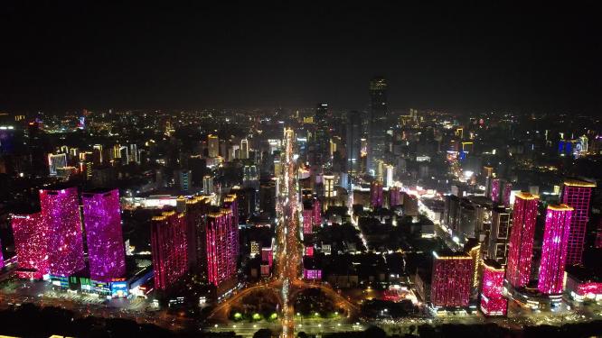 湖南长沙城市夜景五一大道航拍