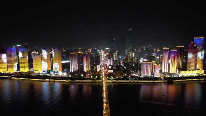 湖南长沙城市夜景五一大道航拍