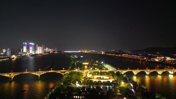 湖南长沙湘江橘子洲大桥夜景航拍