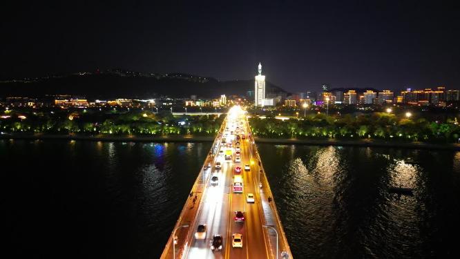 湖南长沙湘江橘子洲大桥夜景航拍