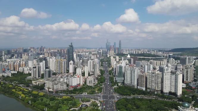 航拍广西南宁城市蓝天白云天际线