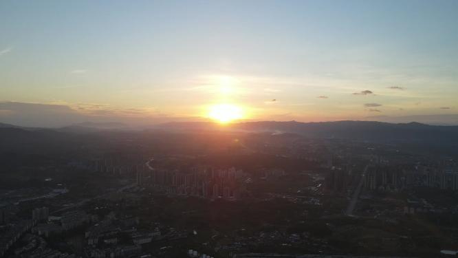 山川城市日落晚霞夕阳航拍