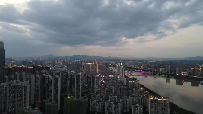 江西赣州城市夜幕降临日落晚霞夕阳航拍