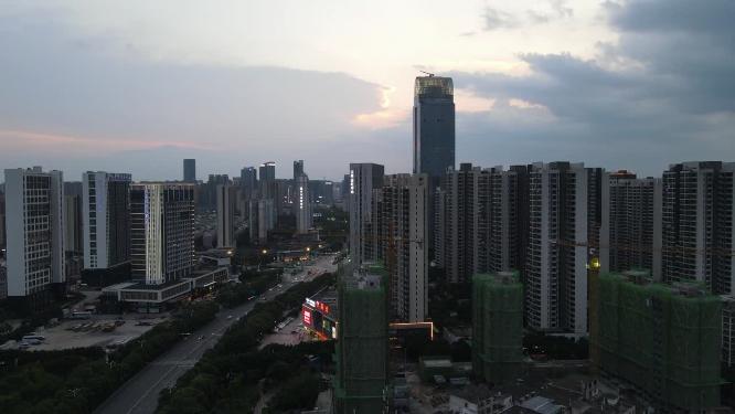 城市日落晚霞夕阳航拍