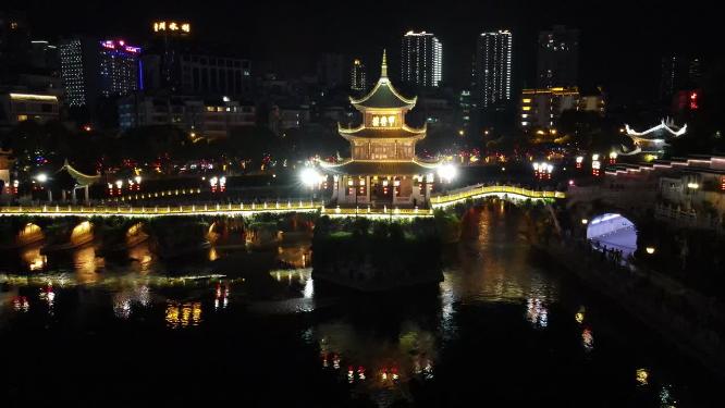 贵州贵阳甲秀楼夜景灯光航拍