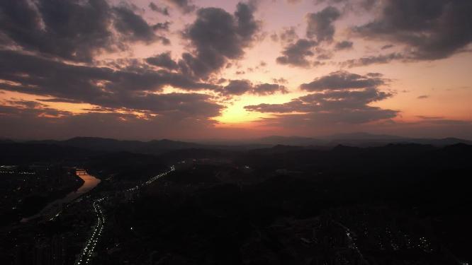 城市夜幕降临日落晚霞夕阳航拍