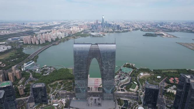 江苏苏州东方之门地标建筑城市空镜航拍