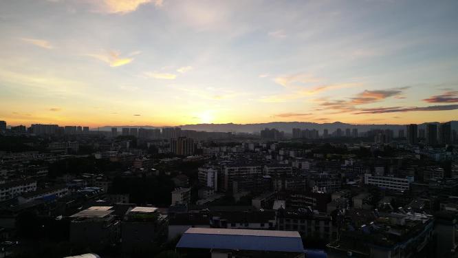 城市晚霞日落夕阳火烧云航拍