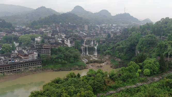 湖南湘西芙蓉镇著名旅游景点航拍