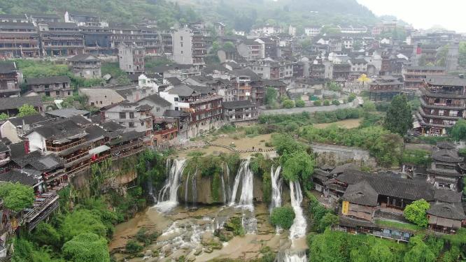 湖南湘西芙蓉镇著名旅游景点航拍