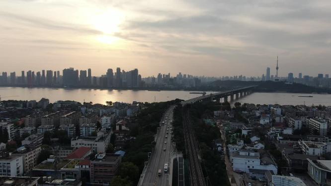 航拍长江日落晚霞夕阳