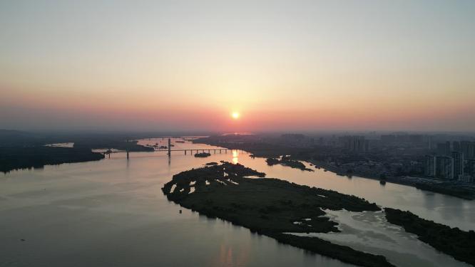航拍长江日落晚霞夕阳