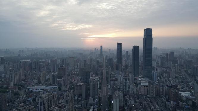 湖南长沙国金中心日出航拍