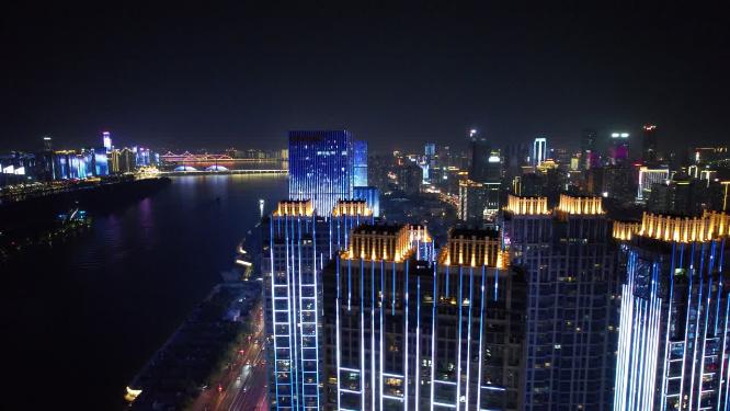 湖南长沙湘江万达广场夜景灯光航拍