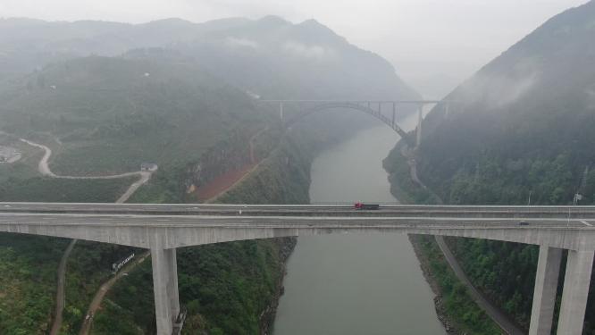 航拍公路高架桥穿山隧道