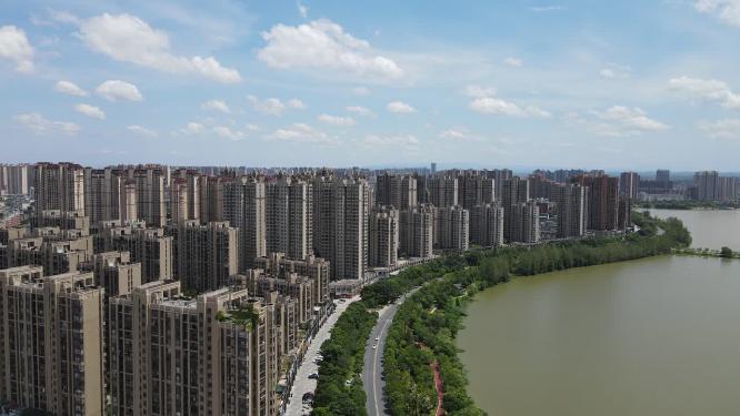 江西抚州城市高楼蓝天白云天际线航拍