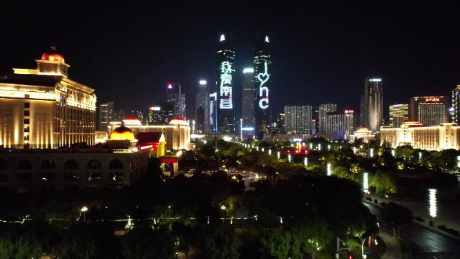 江西南昌绿地中心双子塔夜景灯光航拍