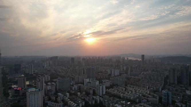 湖南株洲城市日落晚霞夕阳航拍