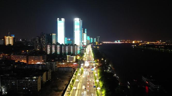 湖南长沙城市夜景灯光航拍