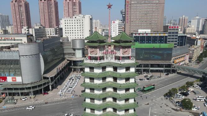 河南郑州二七塔地标建筑航拍
