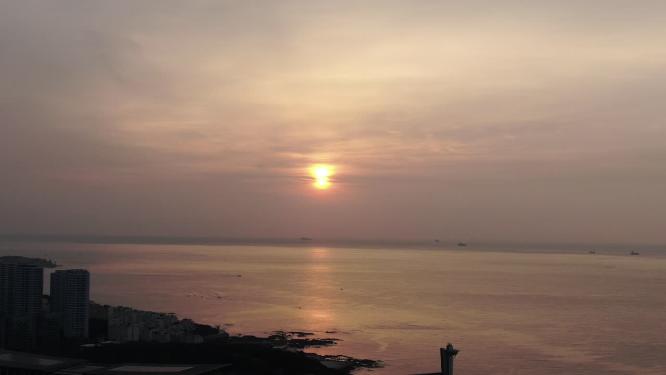 山东青岛城市日落晚霞夕阳航拍