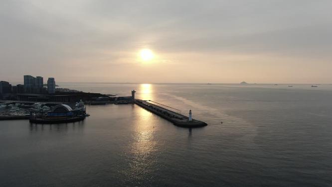 山东青岛城市日落晚霞夕阳航拍
