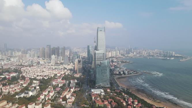 山东青岛海边城市海天中心CBD航拍