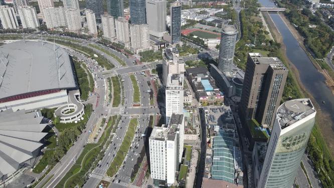 河南郑州会展中心高楼建筑交通航拍