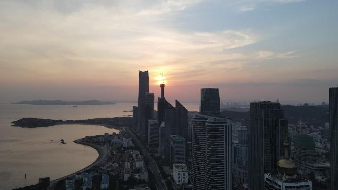 山东青岛城市日落晚霞夕阳航拍