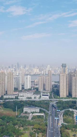 城市航拍湖北沙湖交通竖屏航拍