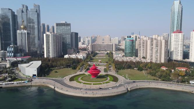 山东青岛五四广场地标建筑航拍