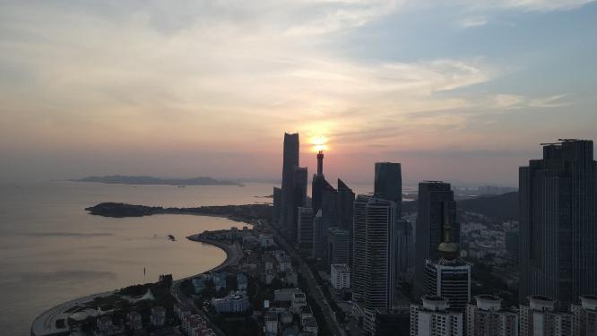 山东青岛城市日落晚霞夕阳航拍