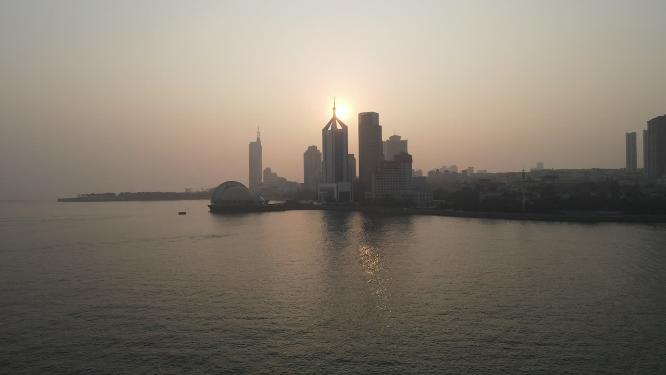 山东青岛城市日落晚霞夕阳航拍