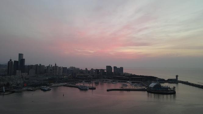 山东青岛城市日落晚霞夕阳航拍