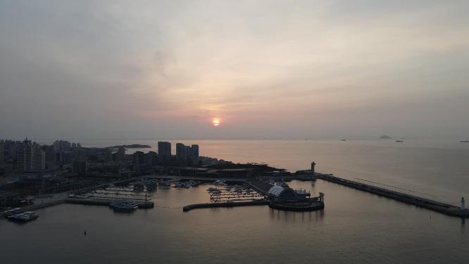 山东青岛城市日落晚霞夕阳航拍