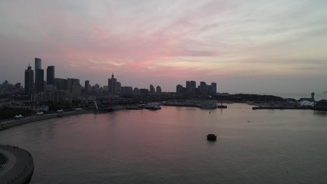 山东青岛城市日落晚霞夕阳航拍