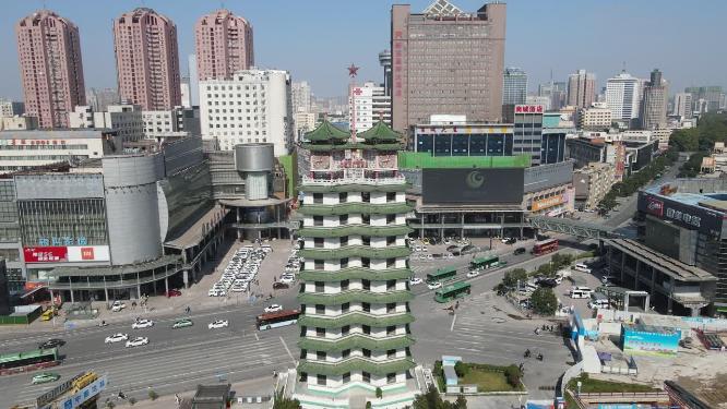 河南郑州二七塔地标建筑航拍