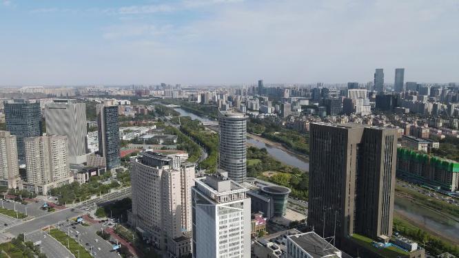 河南郑州会展中心高楼建筑交通航拍