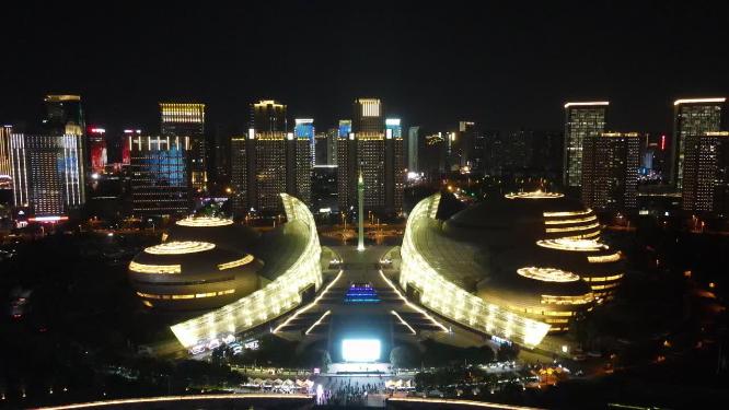河南郑州文化艺术中心夜景灯光航拍
